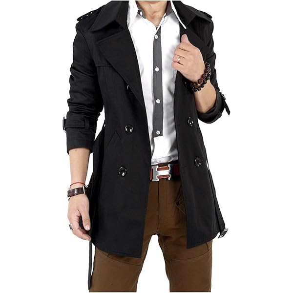 Cicilin Mens Trench Coat Jacket Belted Cotton Casual Lapel